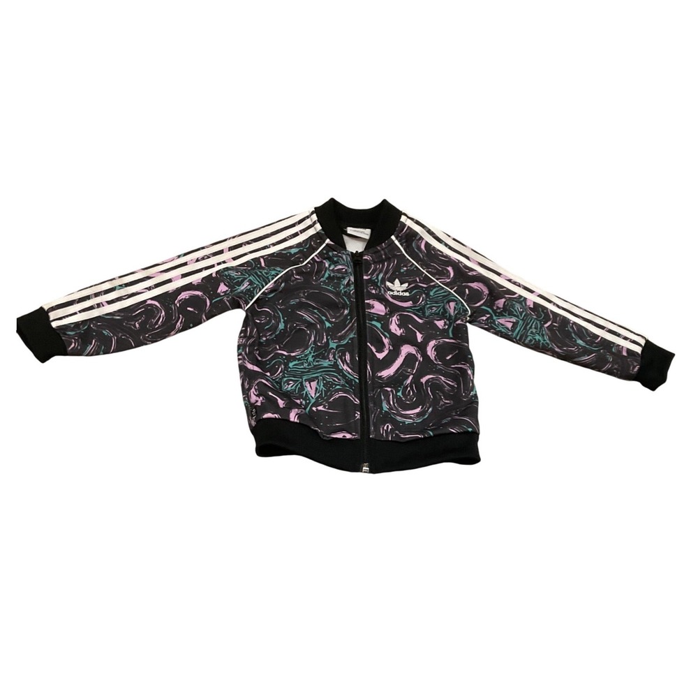 Adidas Track Jacket Kids 2T Black Purple Teal Excellent Swirl Print Zip Up